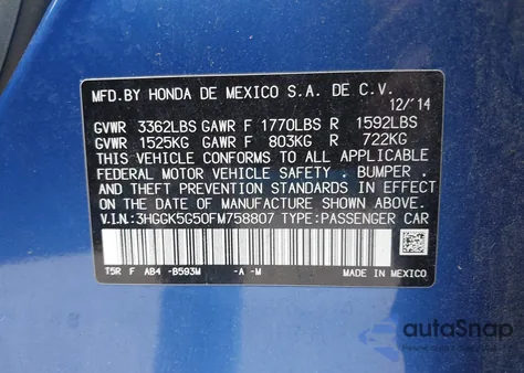 2015 Honda Fit Lx z USA, uszkodzony, nr VIN 3HGGK5G50FM758807